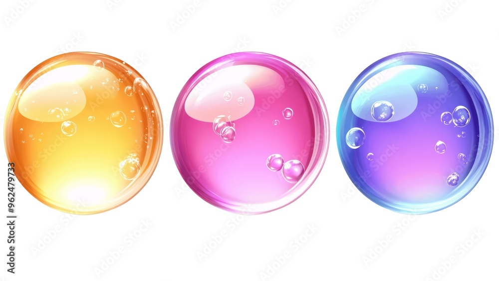 Poster three colorful spheres with bubbles in the middle