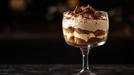 Delicious tiramisu in glass with layers of coffee soaked sponge and creamy mascarpone, topped with chocolate shavings.