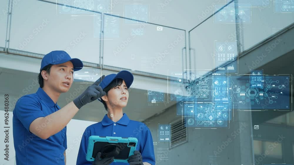 Poster タブレットを使って建物を点検する作業員とデジタルテクノロジー