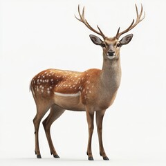 A deer stands in front of a white background