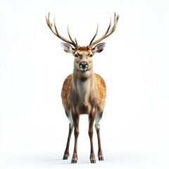 A deer stands in front of a white background with its antlers raised