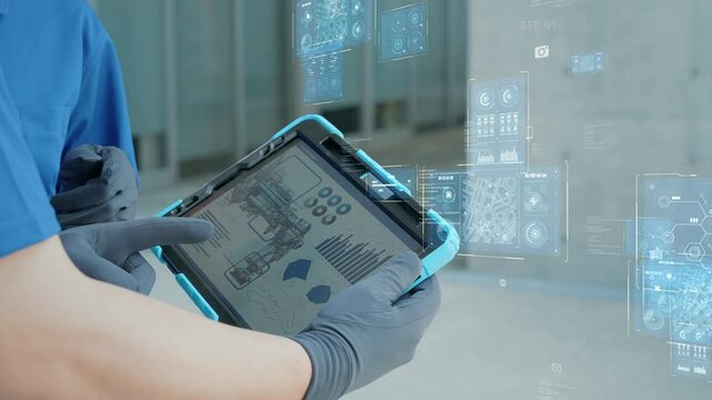 Mixed media of digital technology concept with worker inspecting building using tablet