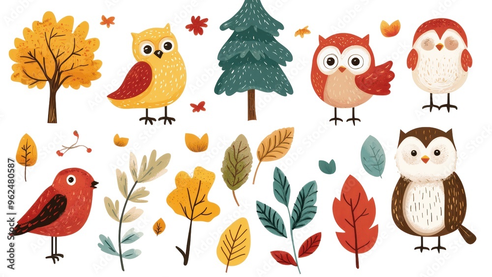 Poster a set of colorful birds and leaves, including a tree, are arranged in a row