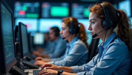 Dispatchers focus on their screens with headsets in a busy call center, managing emergency calls with professionalism and intensity.







