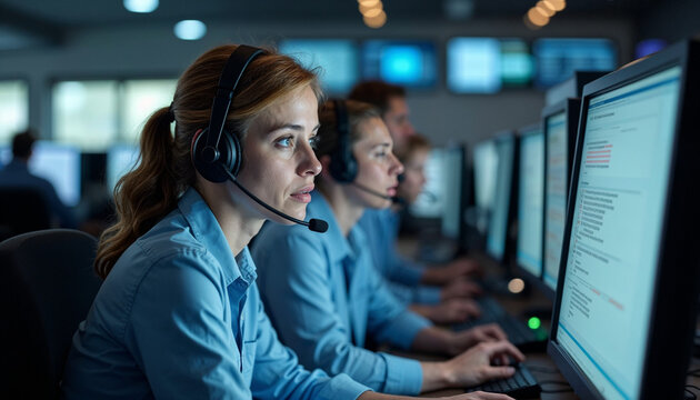 Dispatchers focus on their screens with headsets in a busy call center, managing emergency calls with professionalism and intensity.







