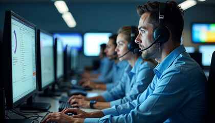 Dispatchers focus on their screens with headsets in a busy call center, managing emergency calls with professionalism and intensity.







