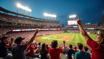Excited fans cheer loudly at a packed baseball game, enjoying snacks in a vibrant stadium.







