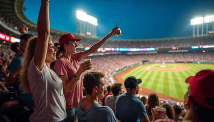 Excited fans cheer loudly at a packed baseball game, enjoying snacks in a vibrant stadium.








