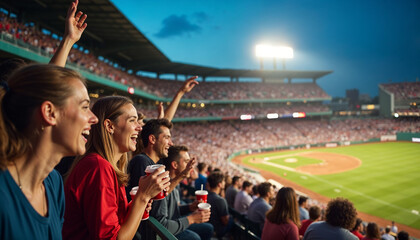 Excited fans cheer loudly at a packed baseball game, enjoying snacks in a vibrant stadium.







