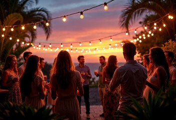 Guests celebrate at an outdoor garden party under string lights, with a warm sunset backdrop.







