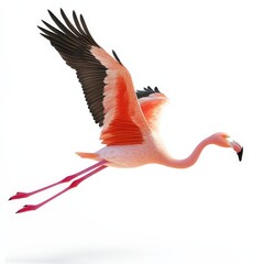 A flamingo is flying in the air with its wings spread wide