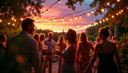 Guests celebrate at an outdoor garden party under string lights, with a warm sunset backdrop.







