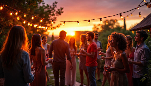 Guests celebrate at an outdoor garden party under string lights, with a warm sunset backdrop.







