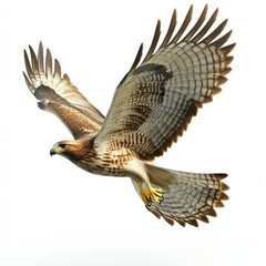 A large bird with a yellow beak flies through the air