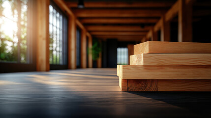 A stack of wooden planks on a dark floor in a spacious, sunlit room with exposed beams and large windows.