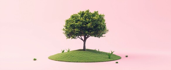 Green Tree on a Small Hill with Pink Background