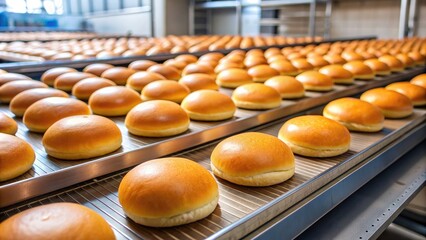 Freshly baked round hamburger buns on a production line in a bakery, industrial, production, round, hamburger buns