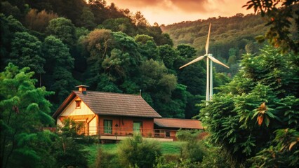 Fototapeta premium Scenic countryside house with green trees, windmill, and focus on renewable energy, Renewable energy