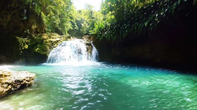 Tropical Waterfall Pool in Forest with Crystal Clear Blue Water