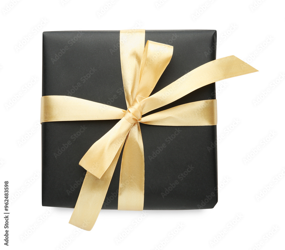 Sticker gift box with golden satin bow isolated on white, top view