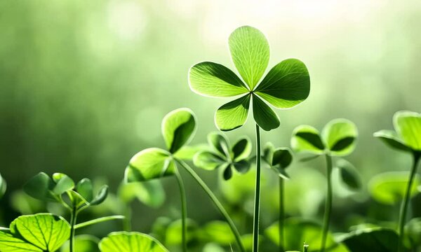 Close-up of a single vibrant shamrock in soft green light, representing good luck and nature's beauty. The blurred background emphasizes the freshness of the clover.
