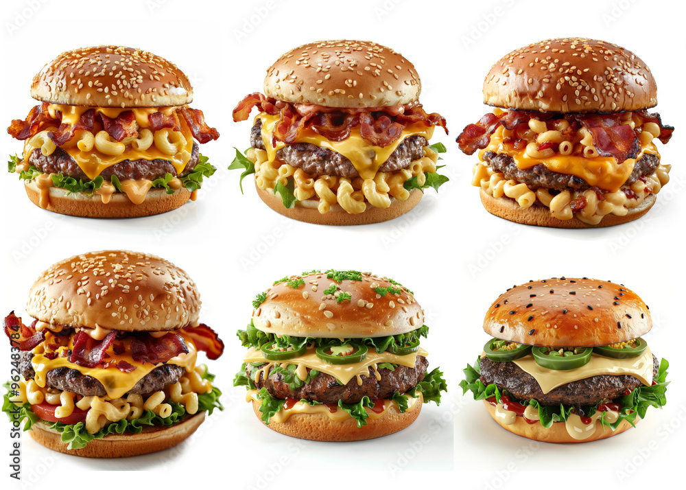 Wall mural set of burgers with beef and cheese, isolated on white background