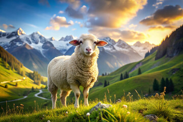Fototapeta premium A Single White Sheep Stands on a Hilltop in a Mountainous Landscape at Sunset