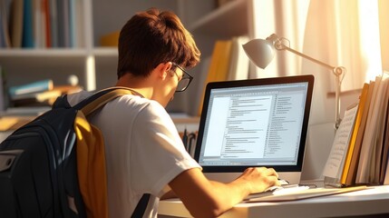 A young individual working intently at a laptop, surrounded by books, showcasing the essence of learning and creativity.