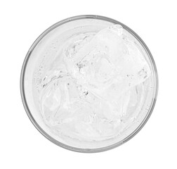 Refreshing water with ice cubes in glass isolated on white, top view