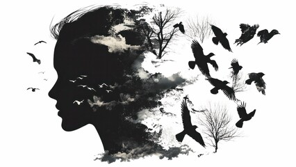 Fototapeta premium A woman's face is shown with a tree and birds flying around it