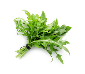 Bunch of fresh arugula leaves isolated on white, top view