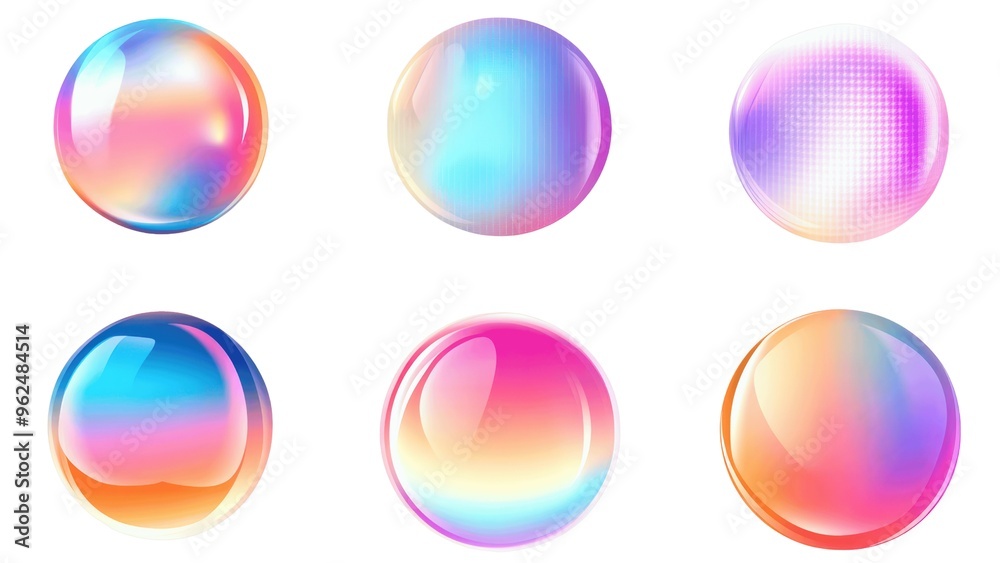 Poster a set of six colorful spheres with a rainbow effect