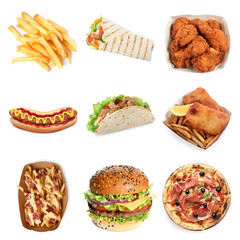 Different tasty fast food isolated on white, collection
