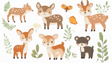 A collection of cute cartoon animals, including deer, bears, and butterflies