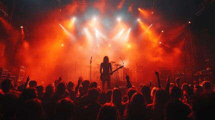 Silhouette of a rock musician performing on stage in front of a cheering crowd with bright red stage lights.