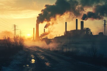 Fototapeta premium Oil refinery spewing toxic fumes into the atmosphere - Pollution, environmental destruction