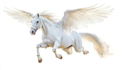 A White Horse with Wings in Flight Against a White Background