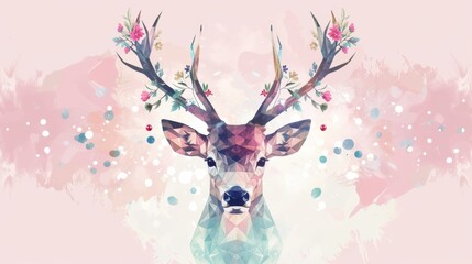 Exquisite polygonal illustration of a deer with large antlers adorned with vibrant flowers, set against a dreamy pastel background. This harmonious blend of geometric shapes and floral elements offers