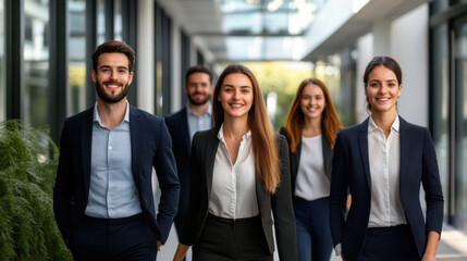 Obraz premium A professional group of businesspeople walking confidently in an office corridor, representing teamwork, leadership, and corporate success.