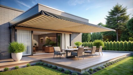 of a modern house terrace with a stylish awning , house, terrace, outdoor, architecture, design, awning, modern,rendering