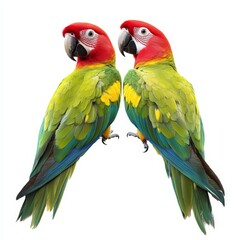 Two parrots are perched on a white background