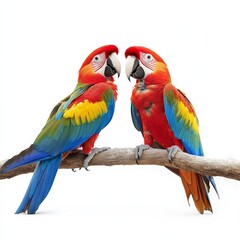 Two colorful parrots are perched on a branch