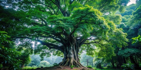 Fototapeta premium Giant green tree in a lush forest environment, nature, foliage, branches, leaves, ecosystem, growth, outdoors, environment, wood