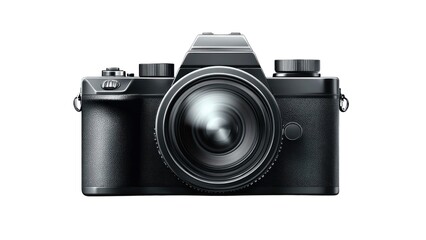 A black camera with a lens and a shutter button