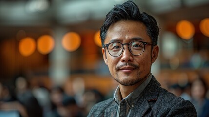Fototapeta premium A man with glasses is standing in front of a crowd