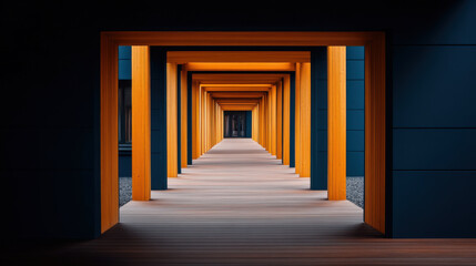 A visually striking symmetrical walkway featuring bold orange wooden beams and a geometric design, leading to a distant point.