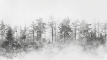 Obraz premium Black and white illustration of a dense pine forest. The mist creates a mysterious and tranquil atmosphere, highlighting the delicate silhouettes of the trees against a white background. Perfect for