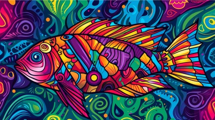 Obraz premium A colorful abstract illustration of a fish, bursting with vibrant patterns and hues, set against a psychedelic sea backdrop. The intricate design and vivid colors create a striking and energetic