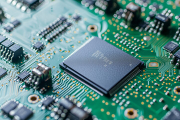 A close-up of a printed circuit board featuring a microchip and various electronic components.