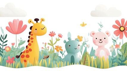 Naklejka premium A group of stuffed animals are in a field of flowers